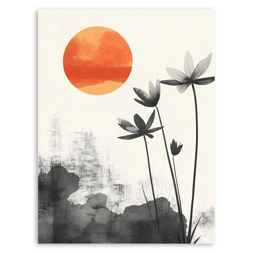 Close-up of the unframed Sumi-e print featuring an amber sun and dark florals against a light background.