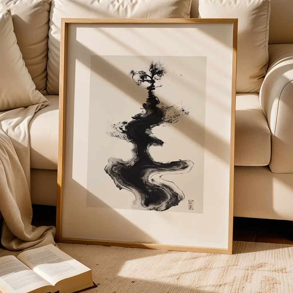 A framed Sumi-e ink painting featuring a sweeping black abstract design, placed on a light rug in front of a beige sofa, with an open book on the floor.