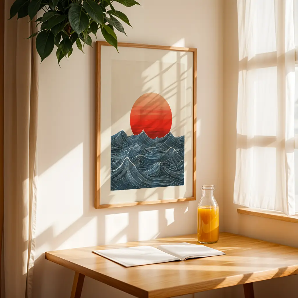 Framed Japandi artwork of a red sun over blue waves hanging on a cream wall above a wooden table with juice and a book.