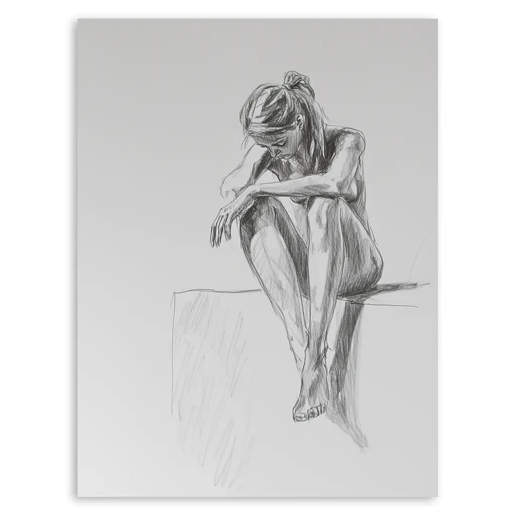 Close-up of a charcoal sketch showing a pensive figure seated, with soft shading.