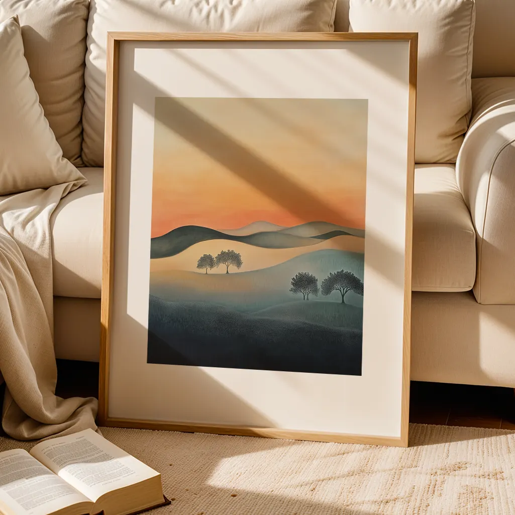 Framed botanical print on a rug, next to a cream sofa and an open book.