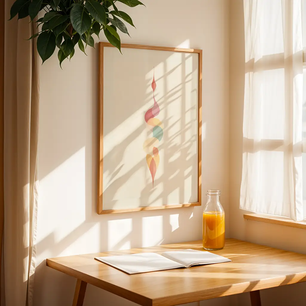Unalome print in a wooden frame hanging on a wall above a wooden table with a drink and open book, illuminated by sunlight.