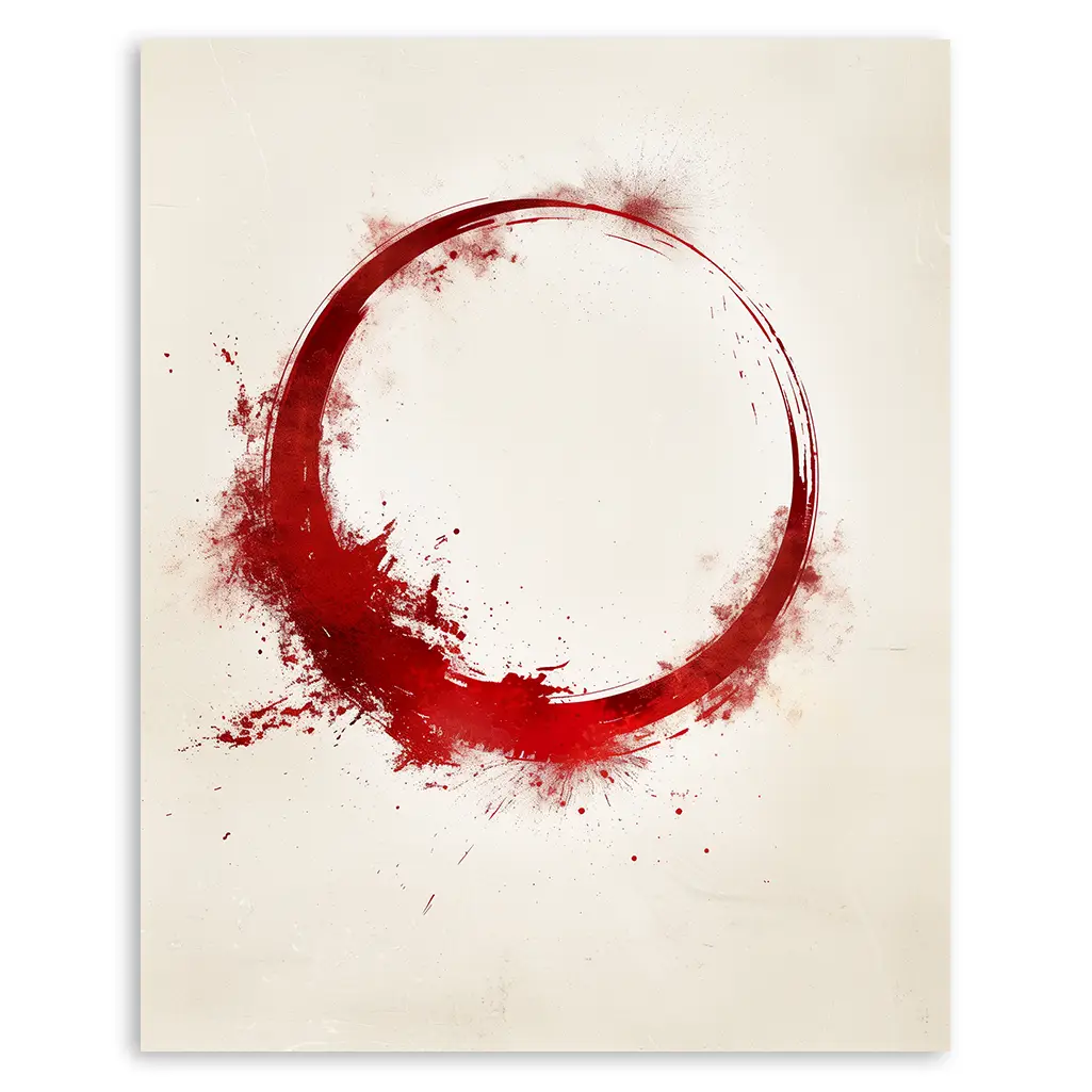 Close-up of a red Ensō print with textured brushstrokes and paint splatters on a light, aged paper background.