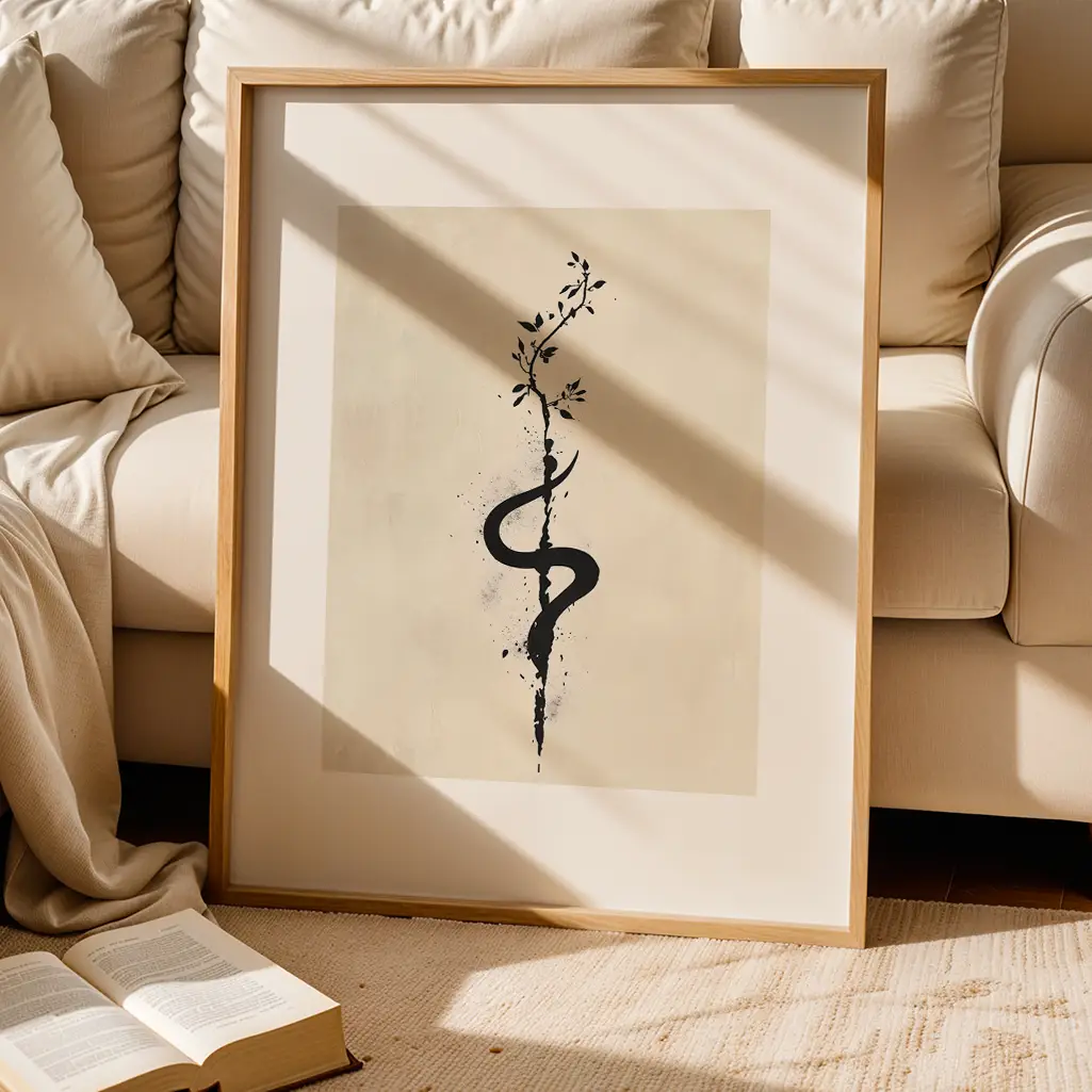 Framed Unalome print of a black serpent and vine, leaning against a white sofa with pillows, an open book on the rug.