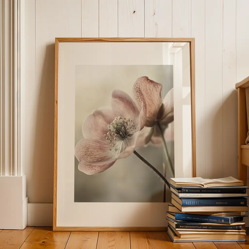 Framed print of a pale pink flower standing on a wooden floor next to a stack of books against a white wooden wall.