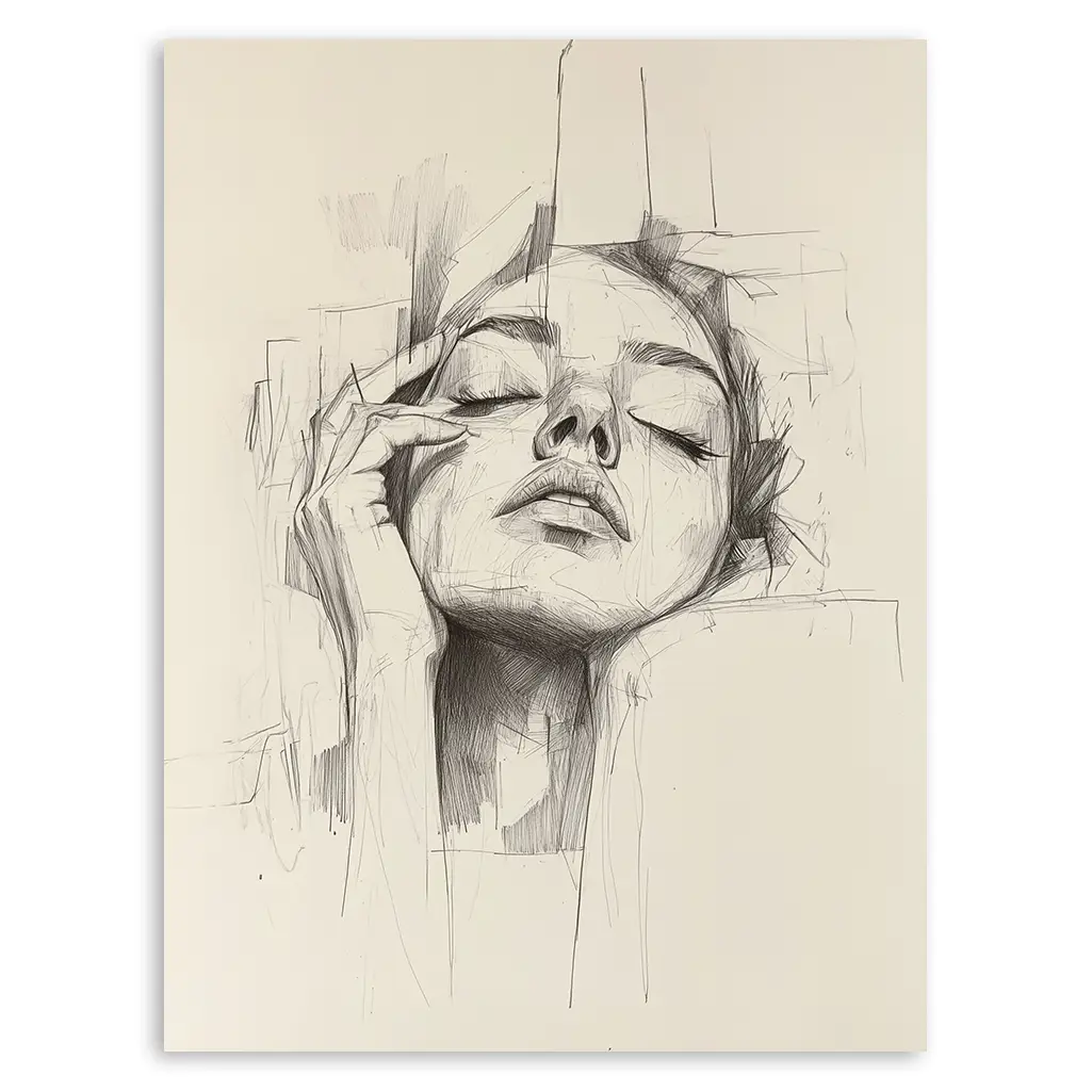 Close-up of a detailed sketch print showing a woman's face with closed eyes, her hand gently touching her temple, on a light beige background with abstract lines