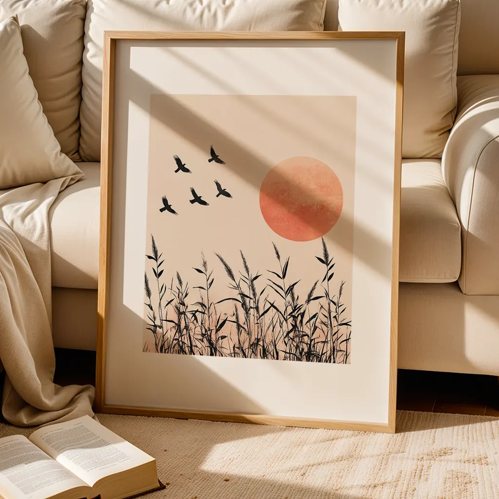 Framed print on a rug in a living room setting with a cream sofa and an open book.