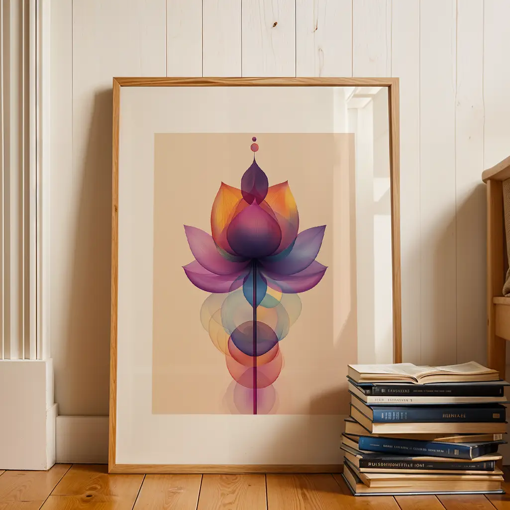 Large framed lotus flower print leaning against a white wall with a stack of books nearby.