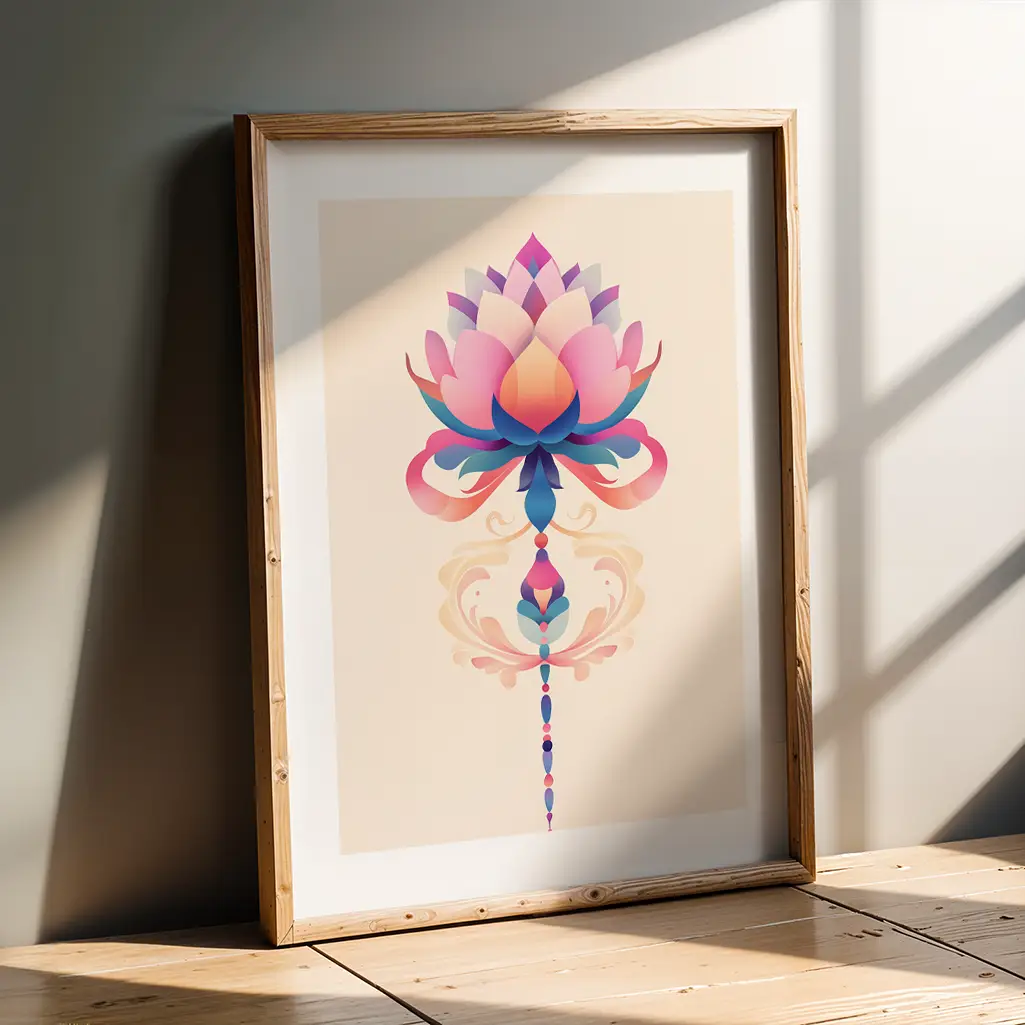 Framed lotus print in pink, blue, and orange tones, leaning against a gray wall with dappled sunlight.