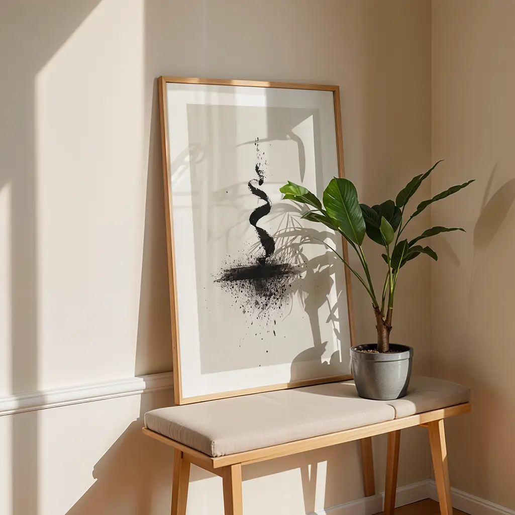 Framed Sumi-e print with a black ink spiral and splatters, leaning against a cream wall above a wooden bench with a potted plant.