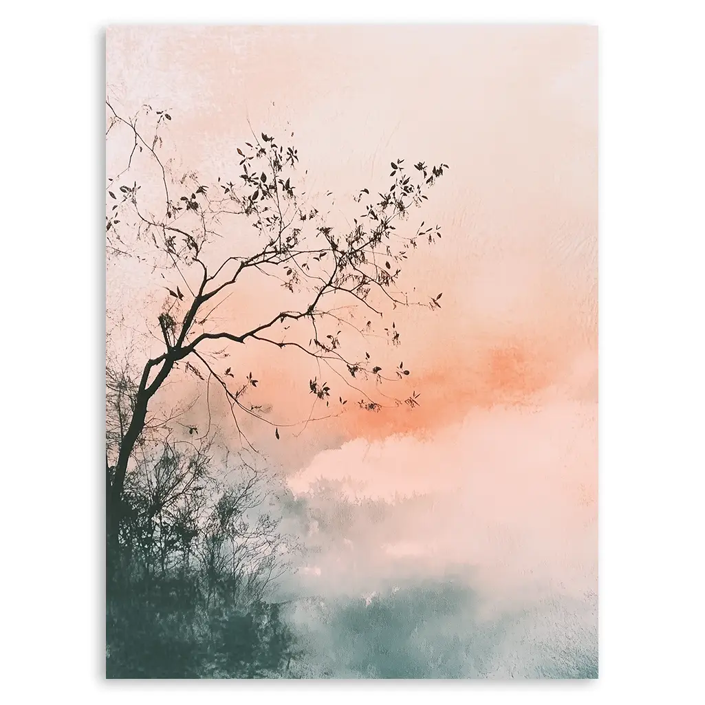 Close-up art print of a tree silhouette against a misty pastel pink and blue background.