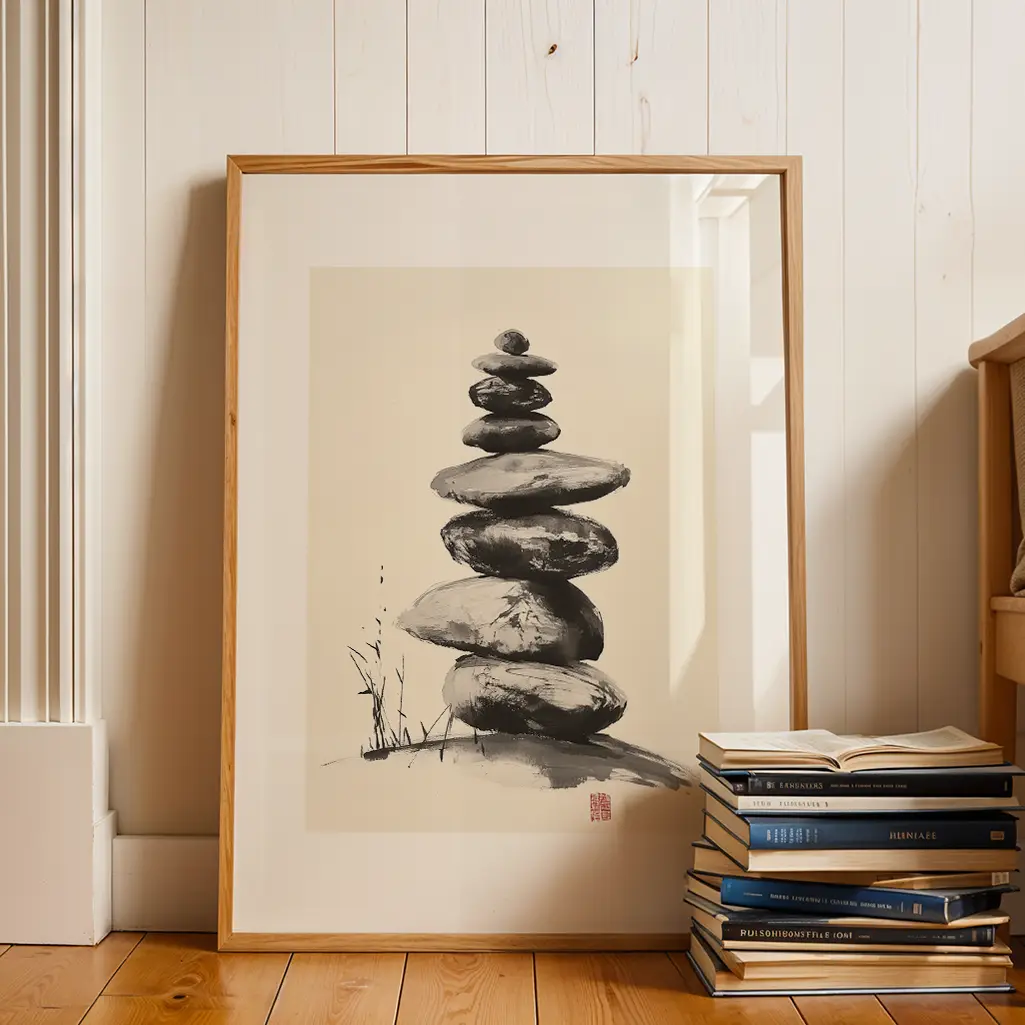 Framed Sumi-e print of stacked stones standing on a light wooden floor next to a stack of books.