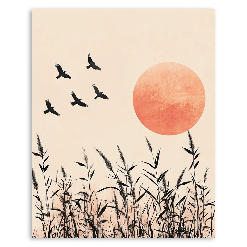 A direct view of the artwork showing an amber sun, black birds, and dark reeds against a light background.