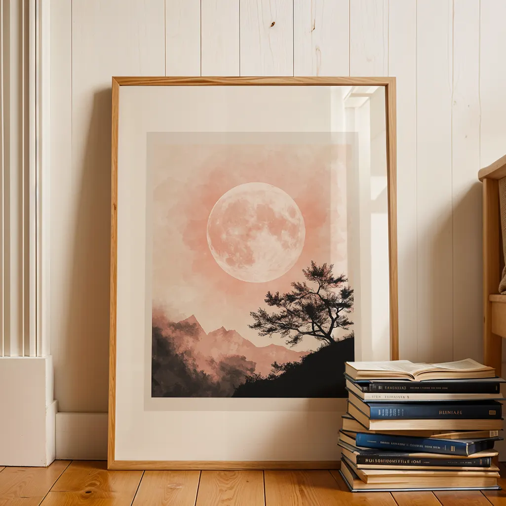 Framed artwork displaying a blushing moon above mountains and a tree, positioned on a wooden floor beside a stack of books.