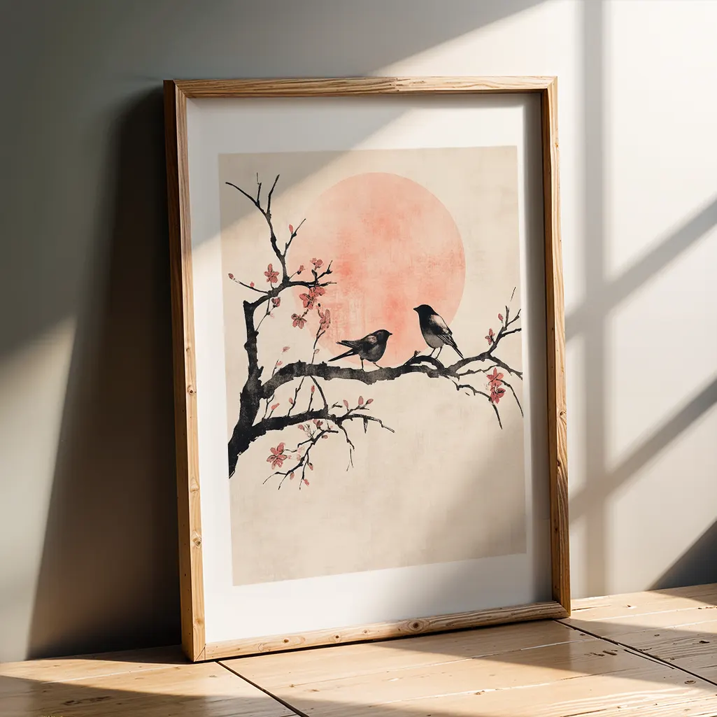 A framed botanical print featuring two birds on a cherry blossom branch against a pink sun, leaning against a dark gray wall with sunbeams.