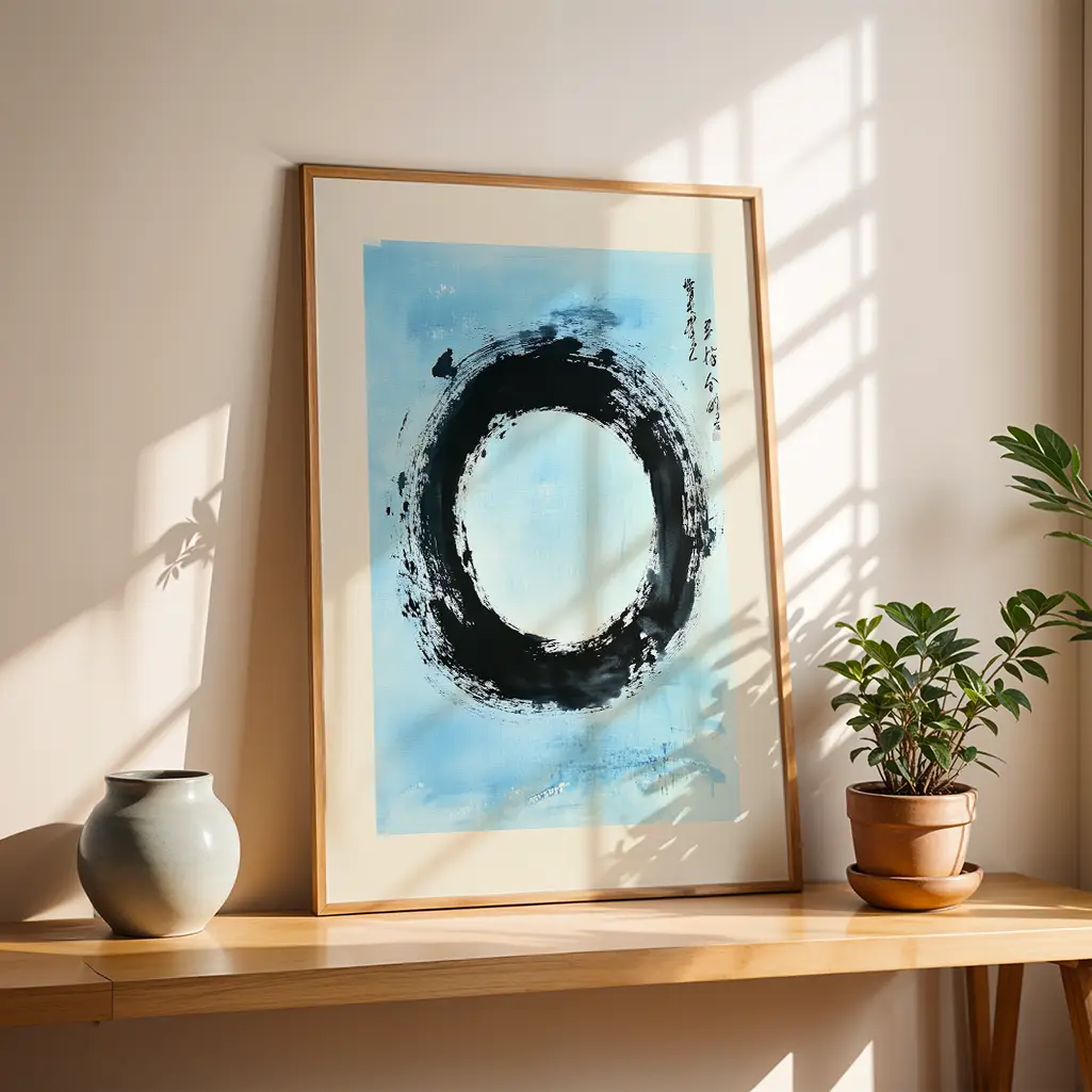 Framed Ensō print featuring a black circle on light blue, on a wooden shelf next to a gray vase and a potted plant.
