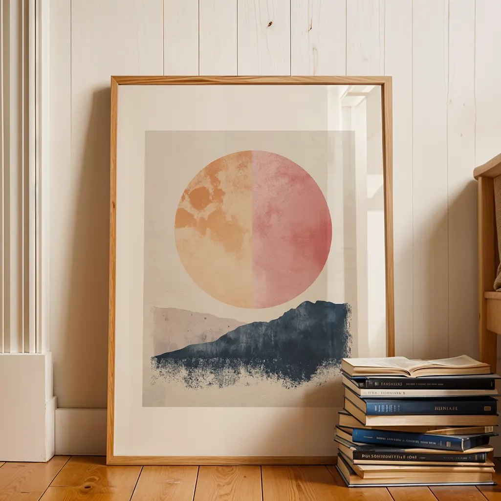 Framed abstract art print on a wooden floor next to a stack of books and a white wall paneling, bathed in gentle light.