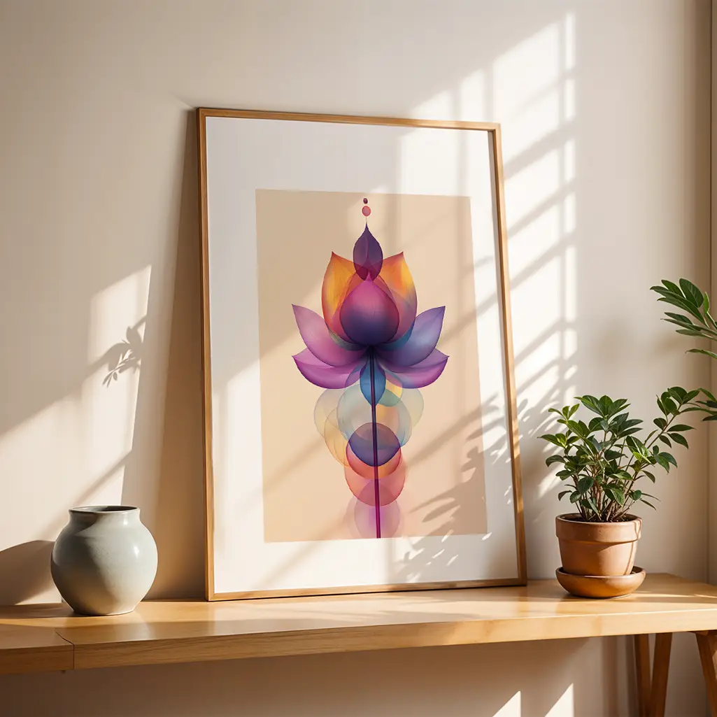 Framed lotus flower print displayed on a wooden shelf with a vase and potted plant.