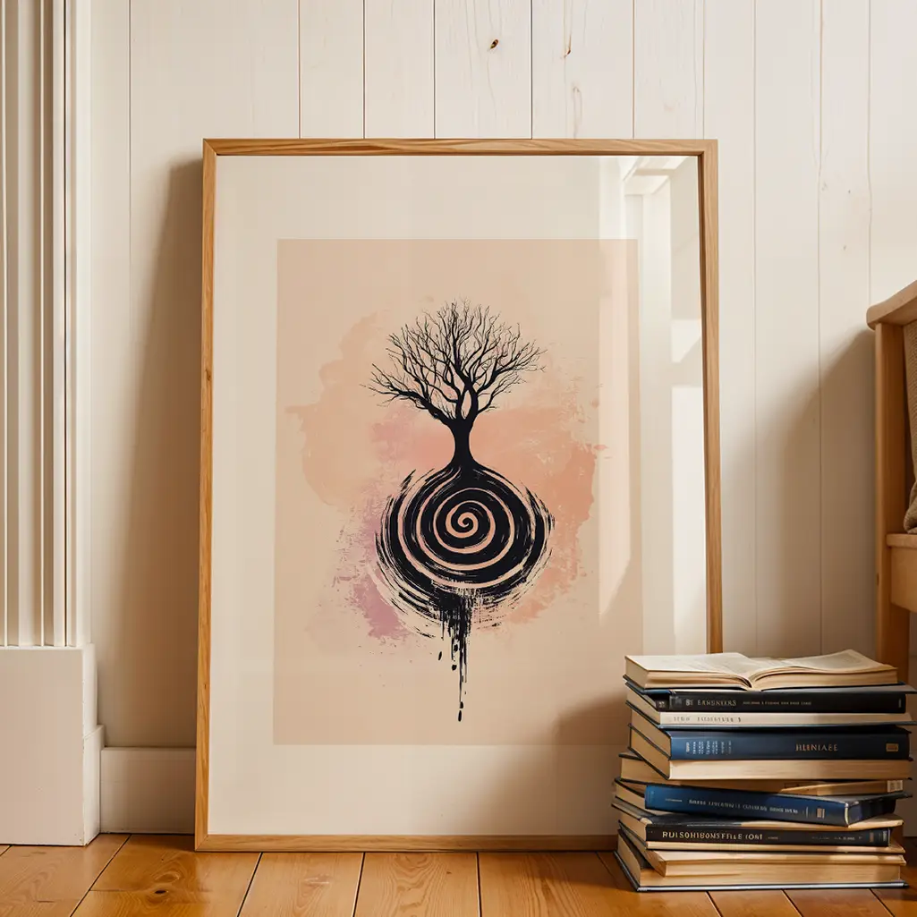 Framed print leaning against a white wooden wall next to a stack of books, featuring a barren tree over a black spiral.