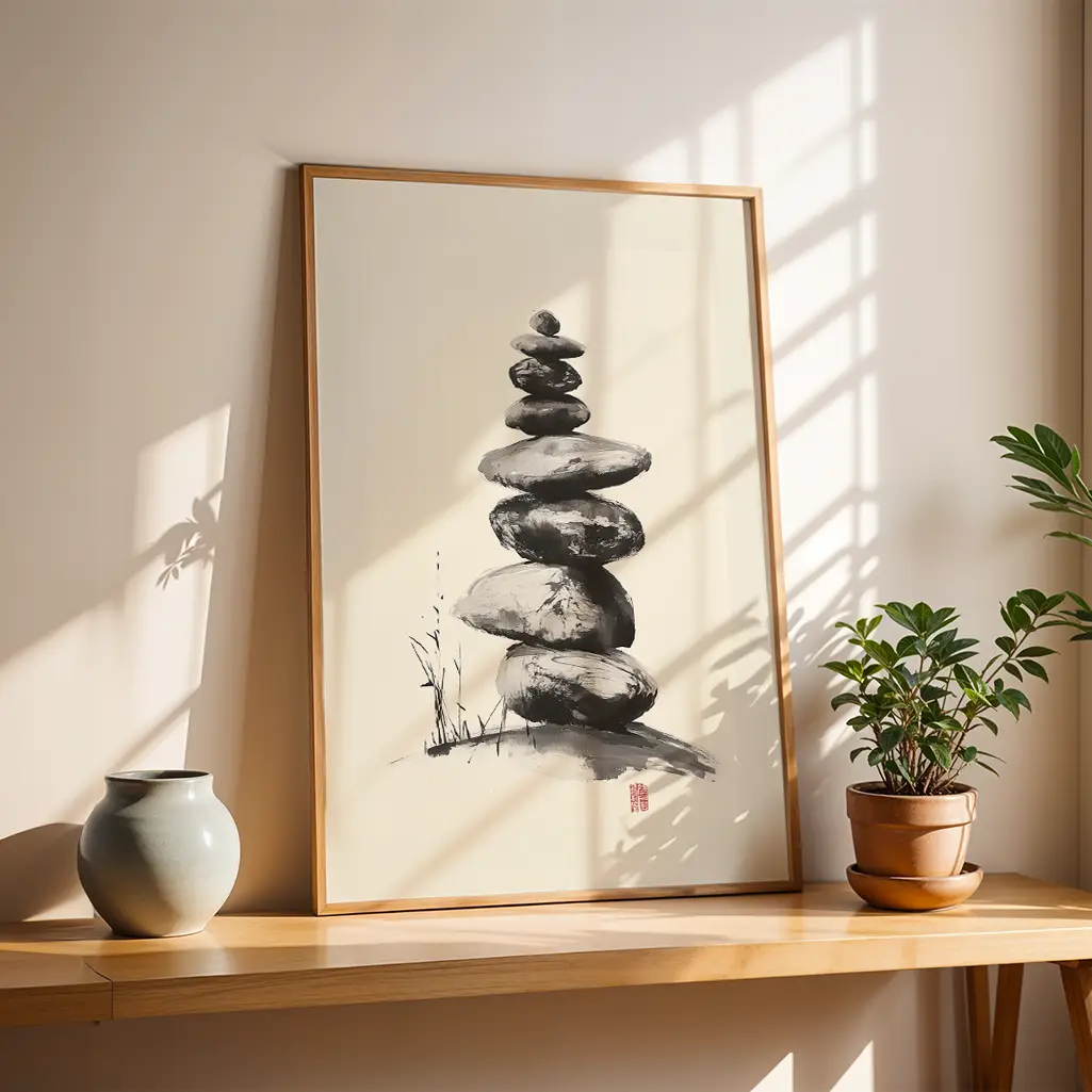 Framed Sumi-e print of a stone cairn on a light wooden shelf next to a small vase and a potted plant.