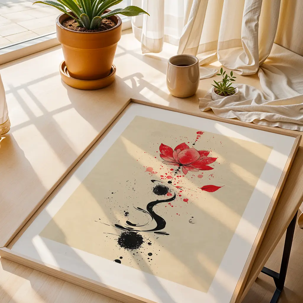 Abstract lotus unalome print in a wooden frame on a sunlit table with plants and a cup, viewed from above.