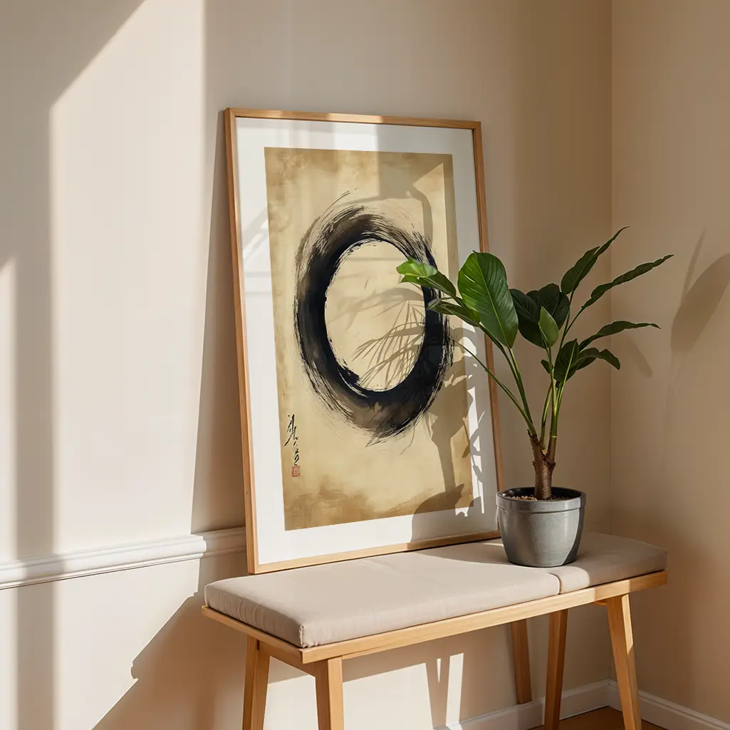 Ensō print in a wooden frame leaning against a light beige wall, next to a plant on a bench.