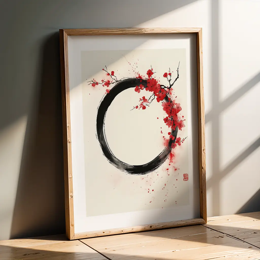 Framed 'Crimson Bloom Ensō Print' leaning against a dark grey wall and light wooden floor, with subtle shadow play.