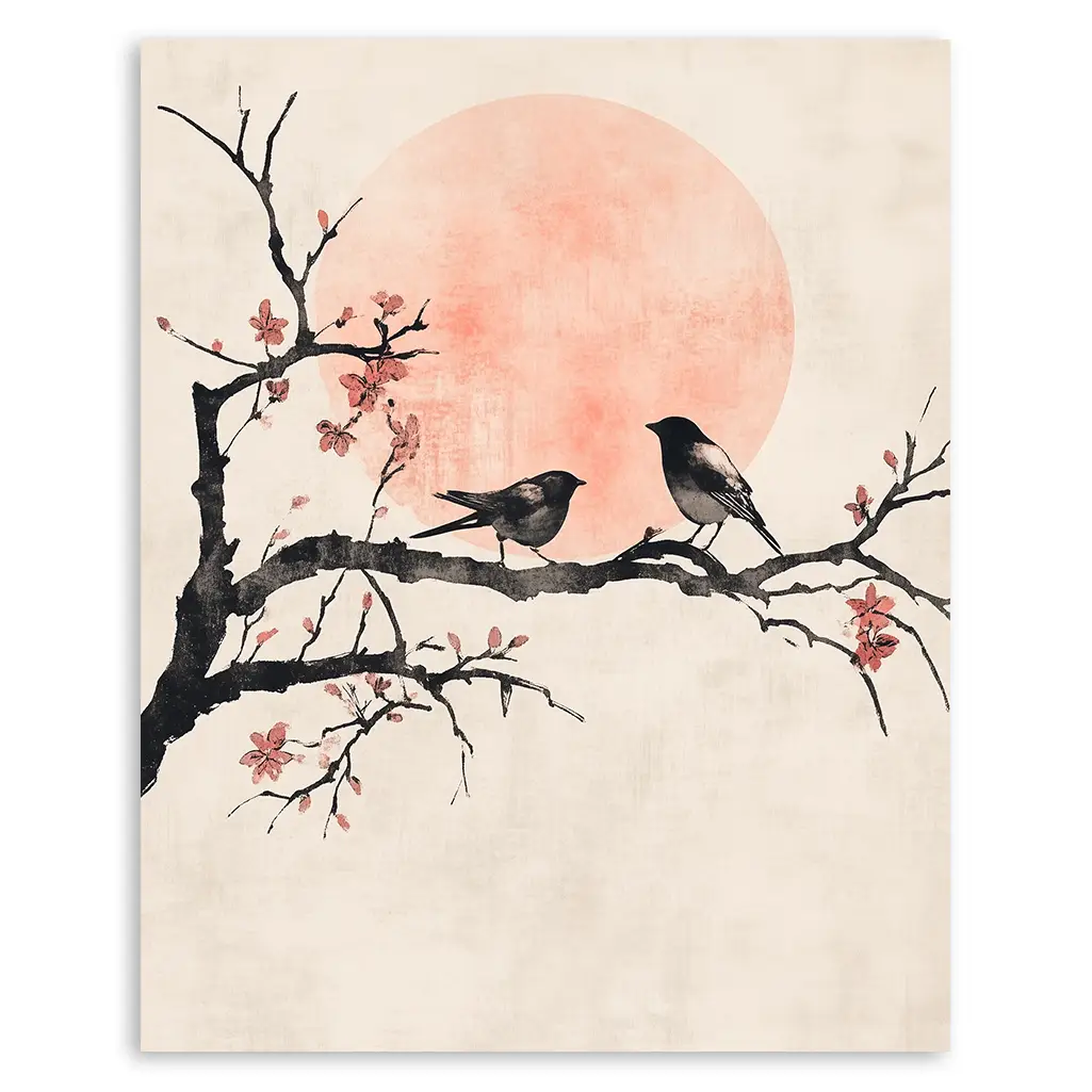 A close-up of a botanical print depicting two dark birds on a black cherry blossom branch with a large, textured pink circle in the background.