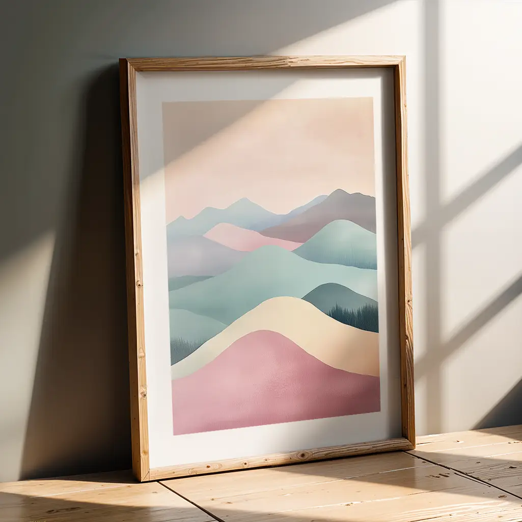 Framed pastel mountain print leaning against a gray wall with sunlit shadows on a wooden floor.