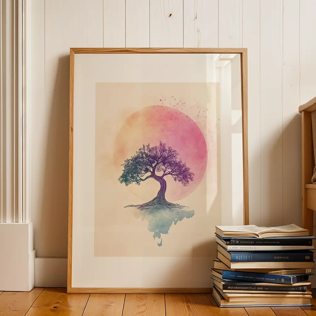 Wooden framed pastel tree print leaning against a white paneled wall with a stack of books on the right.