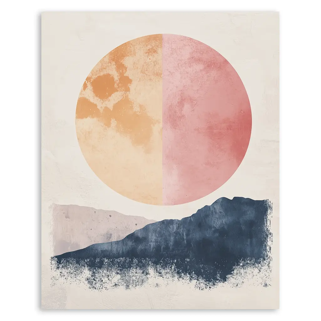 Close-up of an abstract art print featuring a split orange and pink circle above dark blue mountains on a light background.