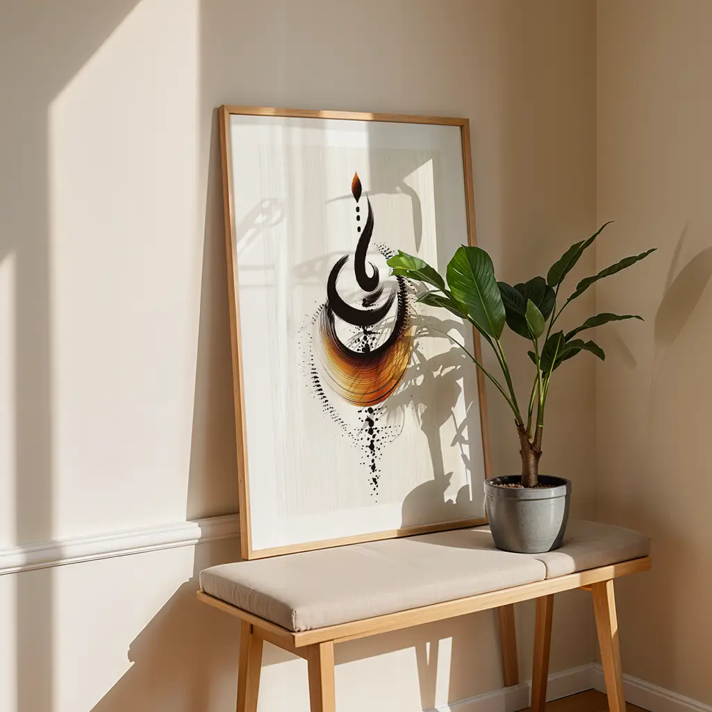 A framed abstract art print with black and amber curves leaning against a light wall, next to a black pot with a large green plant on a wooden bench.