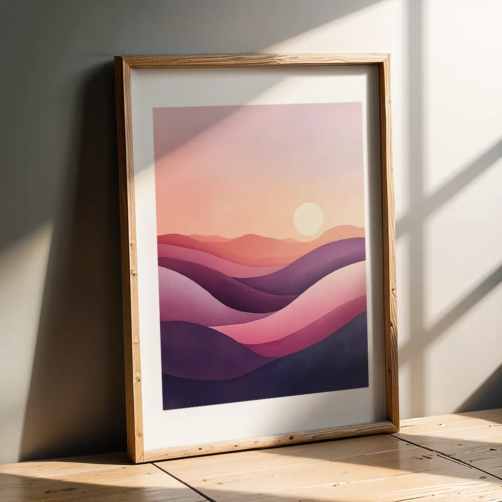 Framed pastel print of rolling hills at sunset leaning against a gray wall on a wooden floor, with pronounced window shadows.