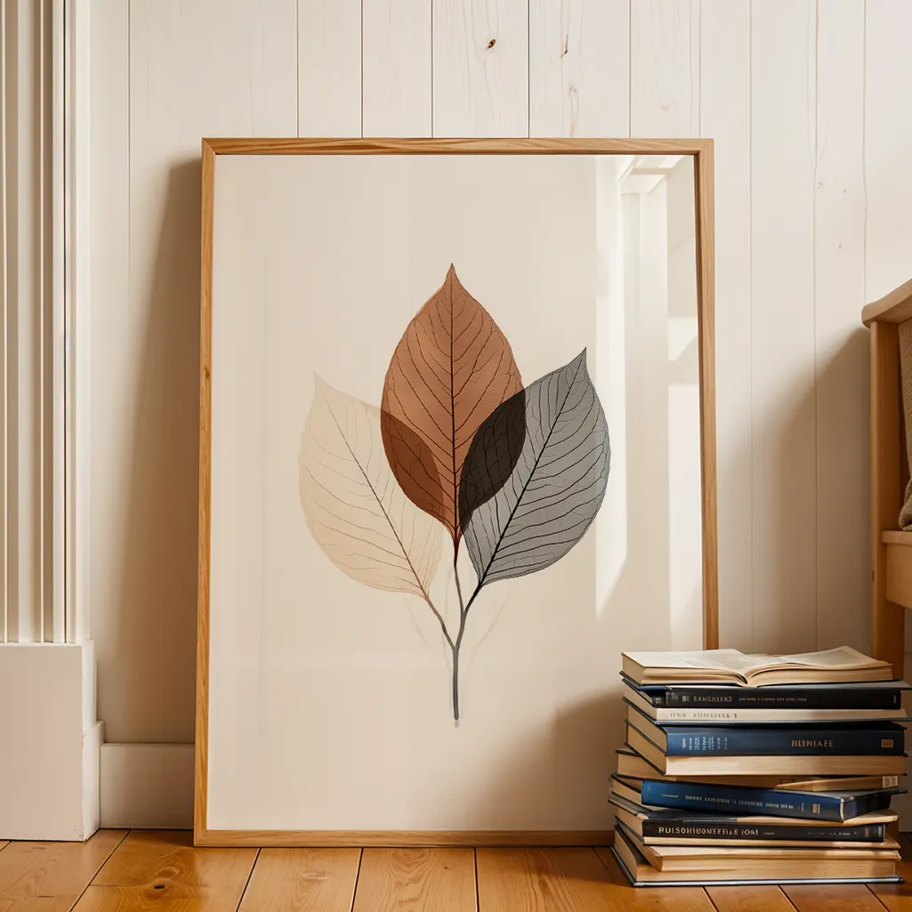 Framed botanical print of translucent leaves standing on a wooden floor next to a stack of books and a wooden wall.