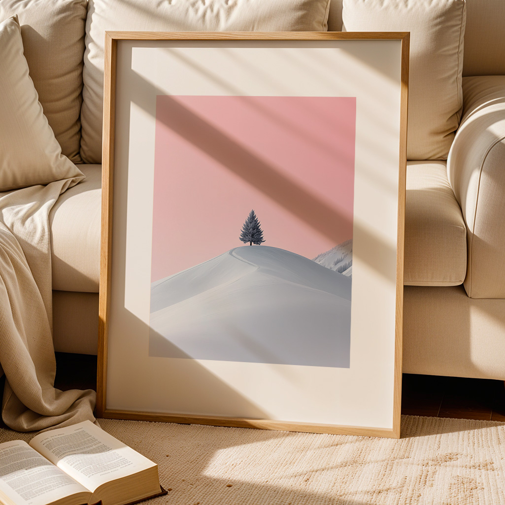 Large framed print of a snowy hill with a single pine tree and pink sky, resting on a rug beside a cream sofa and an open book.