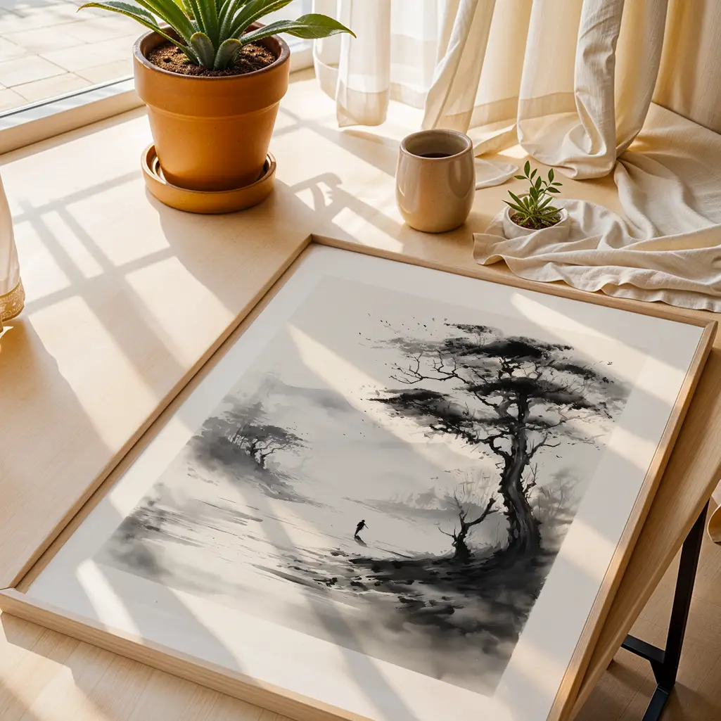 Sumi-e print on a wooden table near a window with sunlight, plant, and mug.