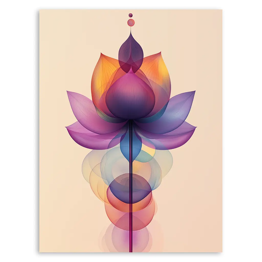 Close-up of a digital artwork featuring a vibrant, layered lotus flower in purple, orange, and blue hues.