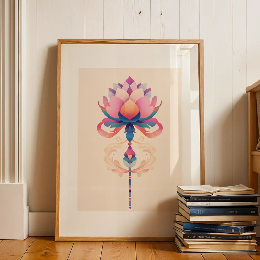 Framed lotus art print with colorful petals, next to a stack of books and a wooden wall.