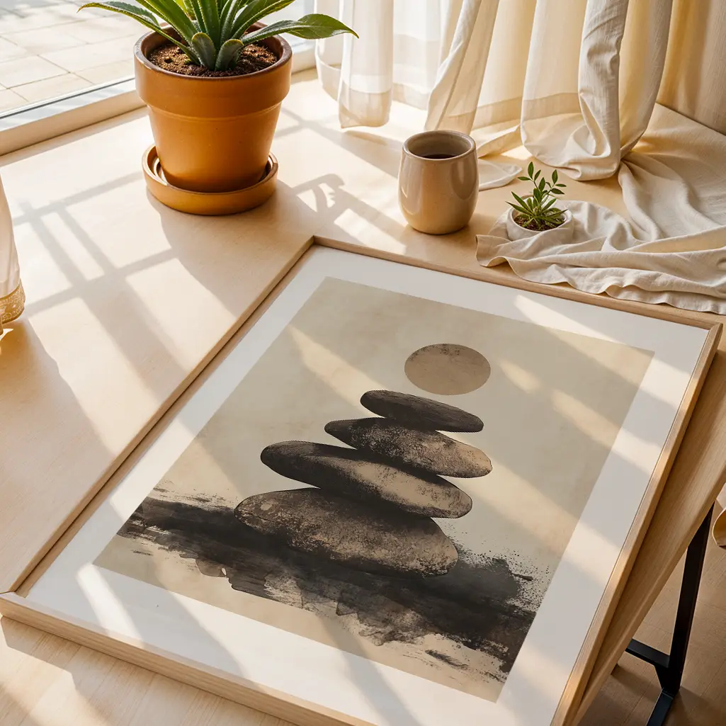 Overhead shot of a framed print depicting stacked stones under a moon, on a light wooden surface next to potted plants and a window.