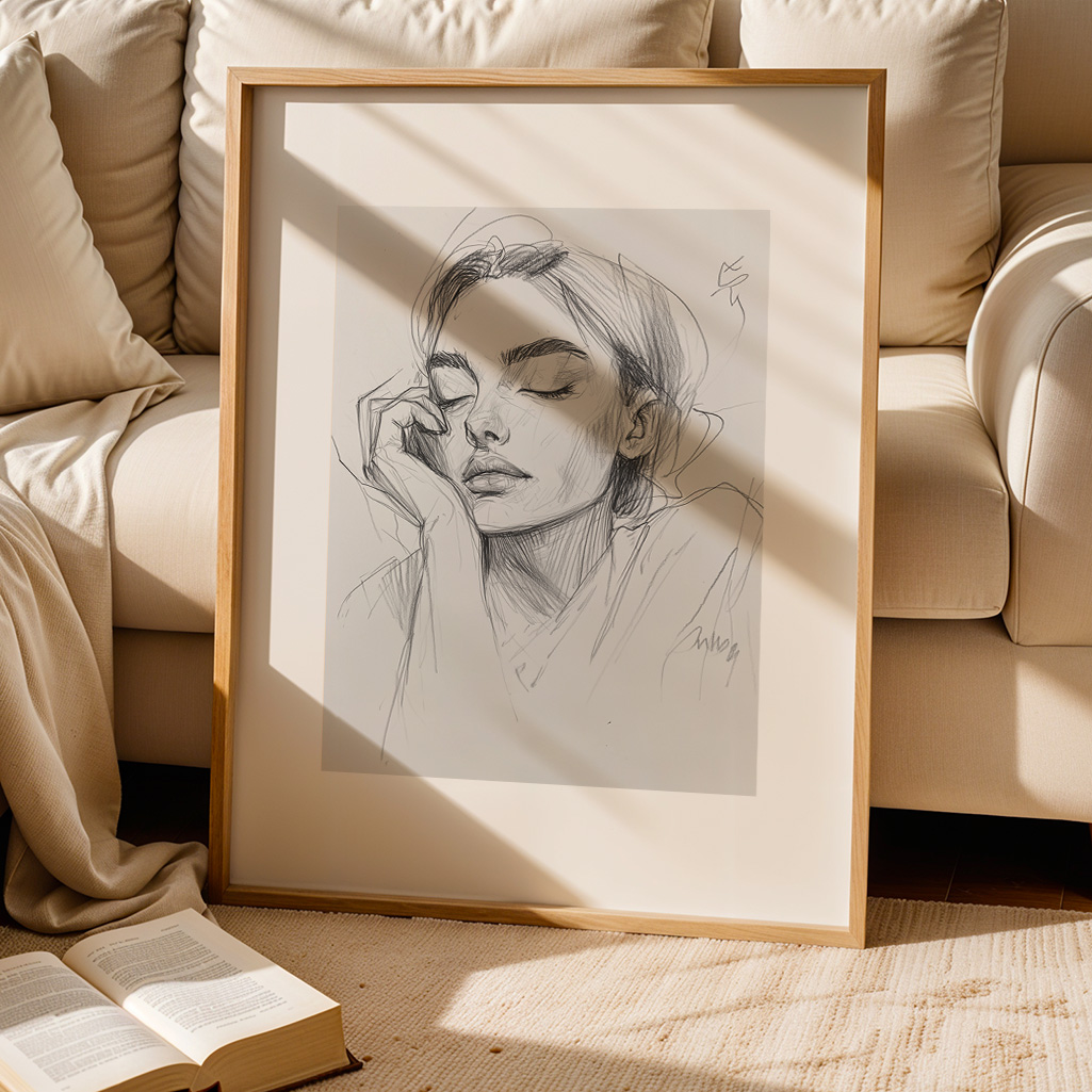 Framed sketch of a woman resting, positioned on a light rug next to a white sofa with pillows and an open book, sunlight filtering in.