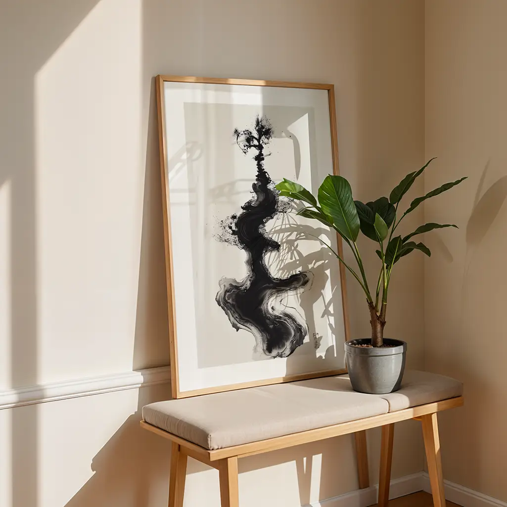 A framed Sumi-e ink abstract print, displaying a bold black form on white, standing on a light wooden bench with a green potted plant beside it.