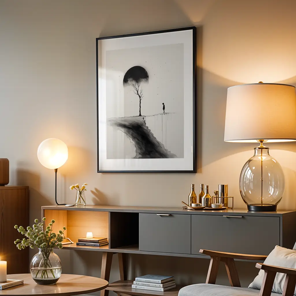 Framed Sumi-e print hanging on a beige wall above a dark gray console table with lamps and decor.