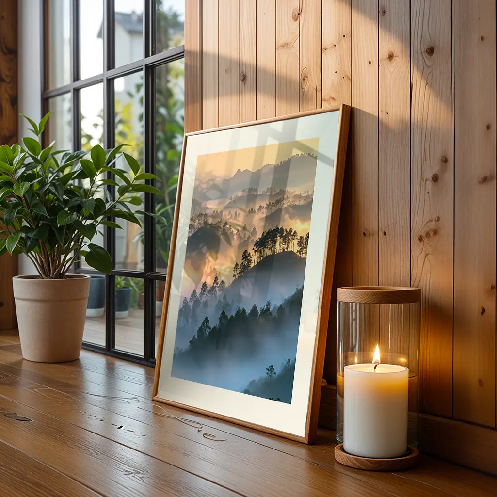 Framed print of a hazy mountain vista, placed on a wooden floor next to a potted plant and a lit candle.