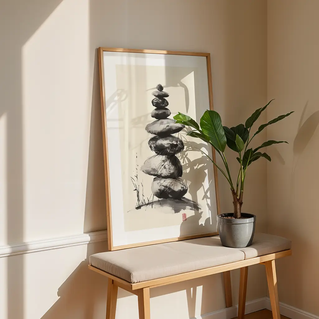 Framed Sumi-e print of a stone stack on a bench, next to a potted plant, with sunlight casting shadows.