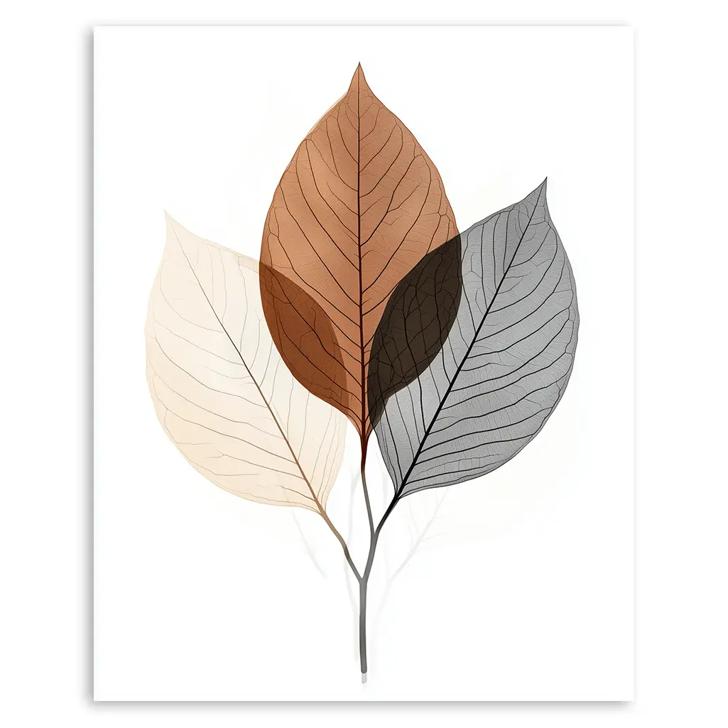 Close-up of a botanical print showing three overlapping translucent leaves, with visible veins, on a white background.