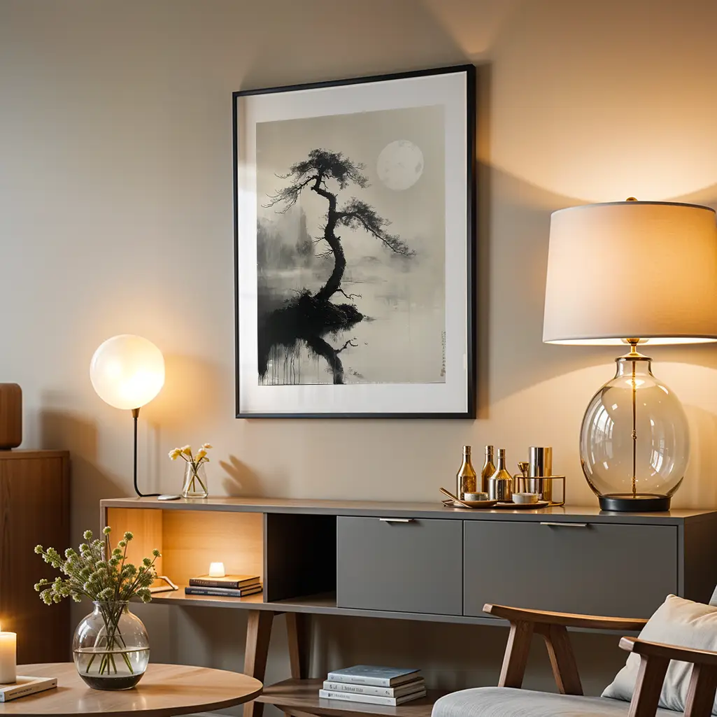 Framed sumi-e print of a gnarled tree and full moon hanging on a gray wall above a modern credenza, flanked by a globe lamp and a table lamp, with a chair in the foreground.