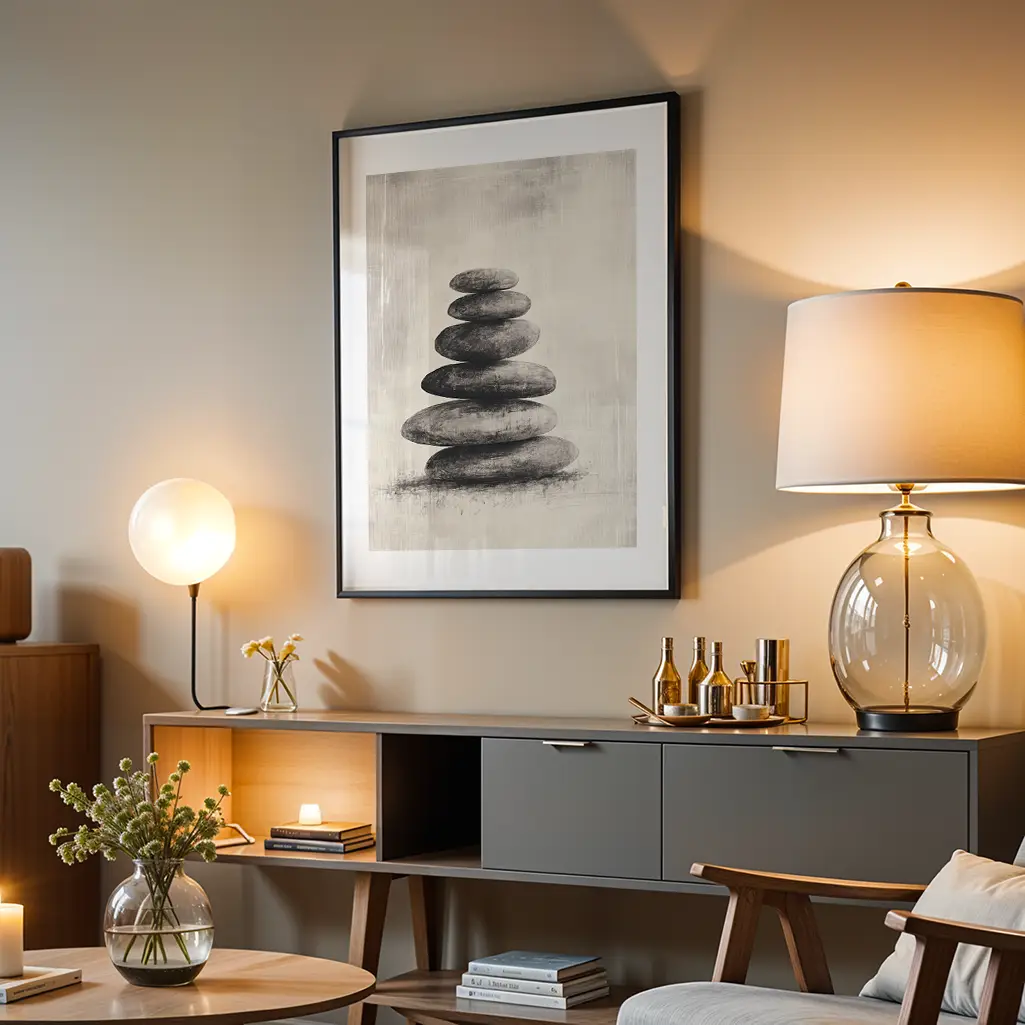 A framed print of stacked stones hanging on a gray wall above a dark wooden console table with various lamps and decor.