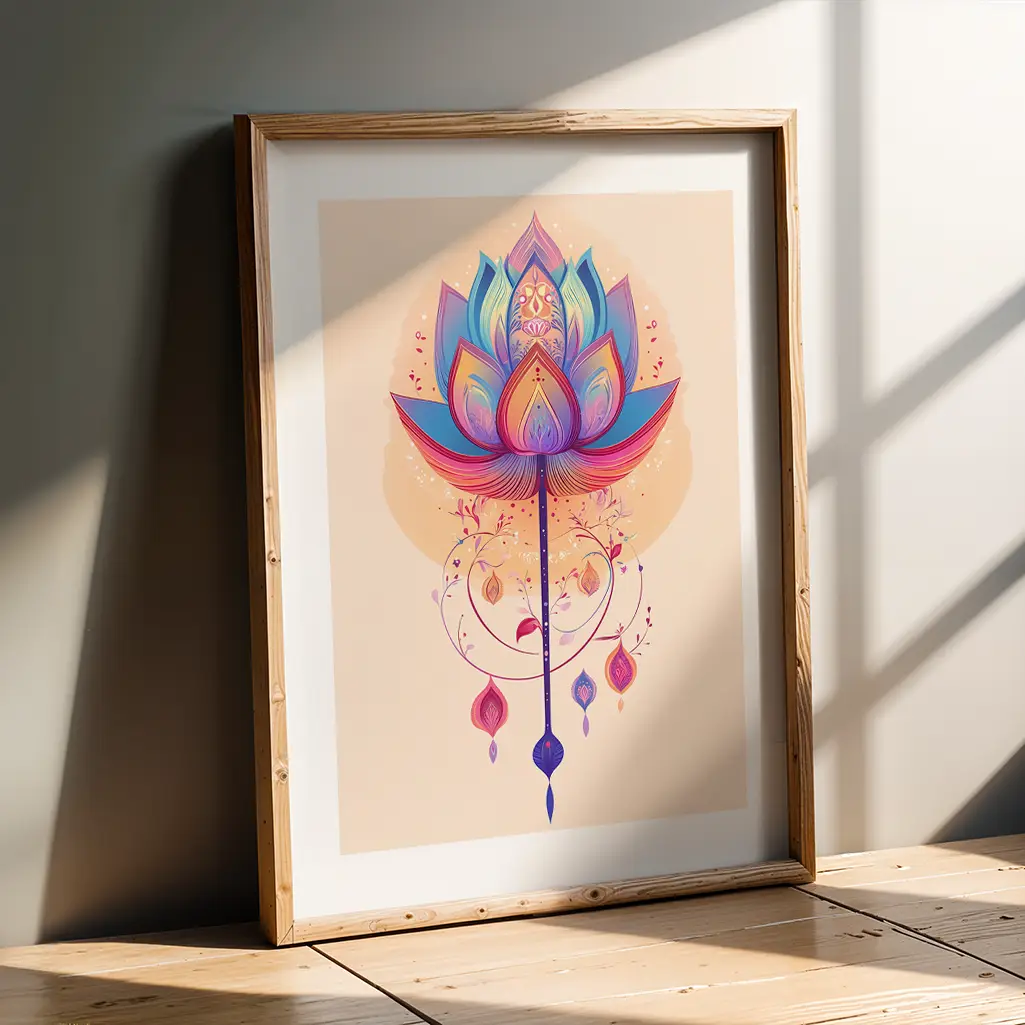 Framed brightly colored lotus print leaning against a gray wall, sunlight shining across the floor.