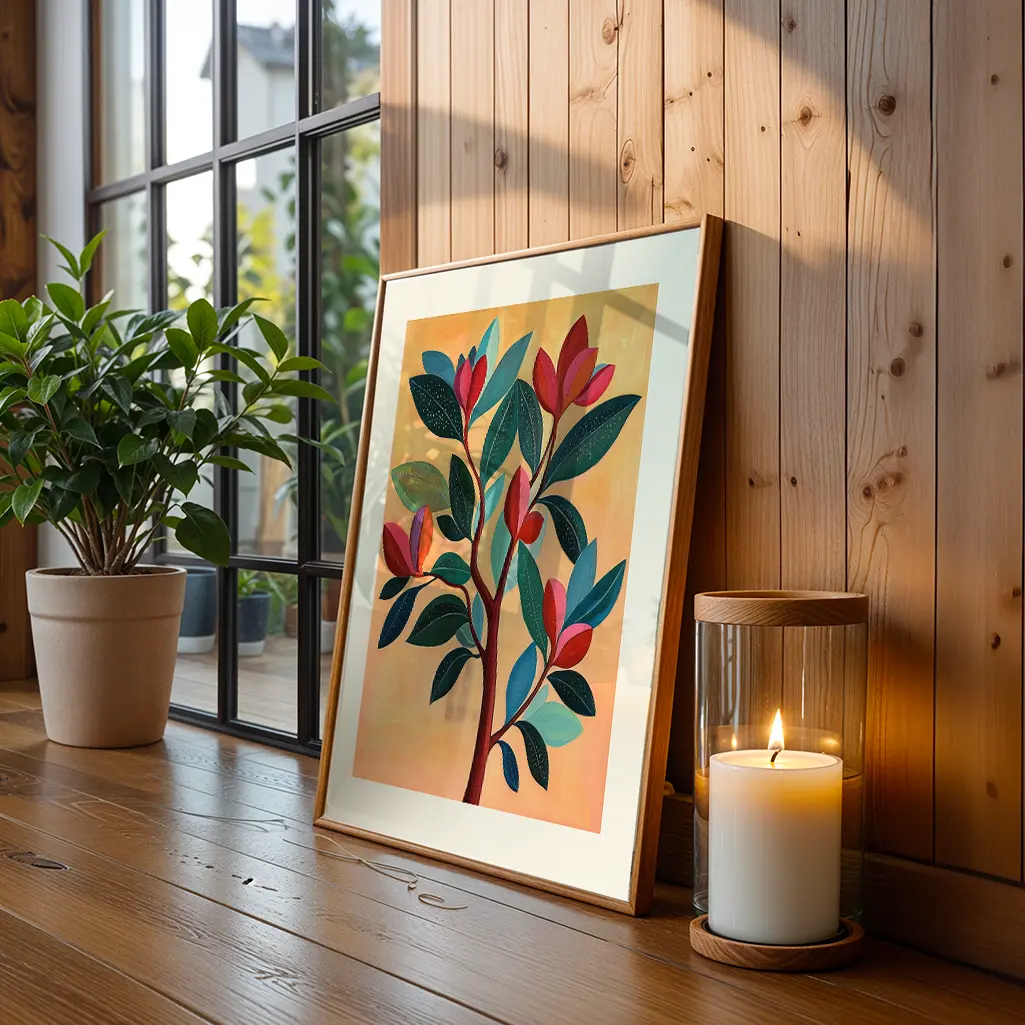 Framed botanical print on a wooden floor next to a potted plant and a lit candle, by a window.