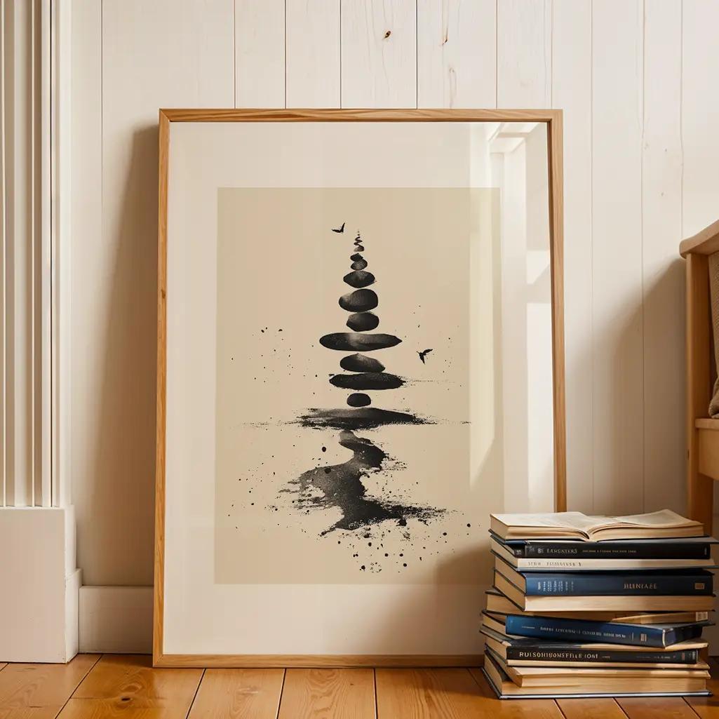 Large framed sumi-e print featuring a cairn of stones and ink splashes, standing on a wooden floor beside a stack of books.
